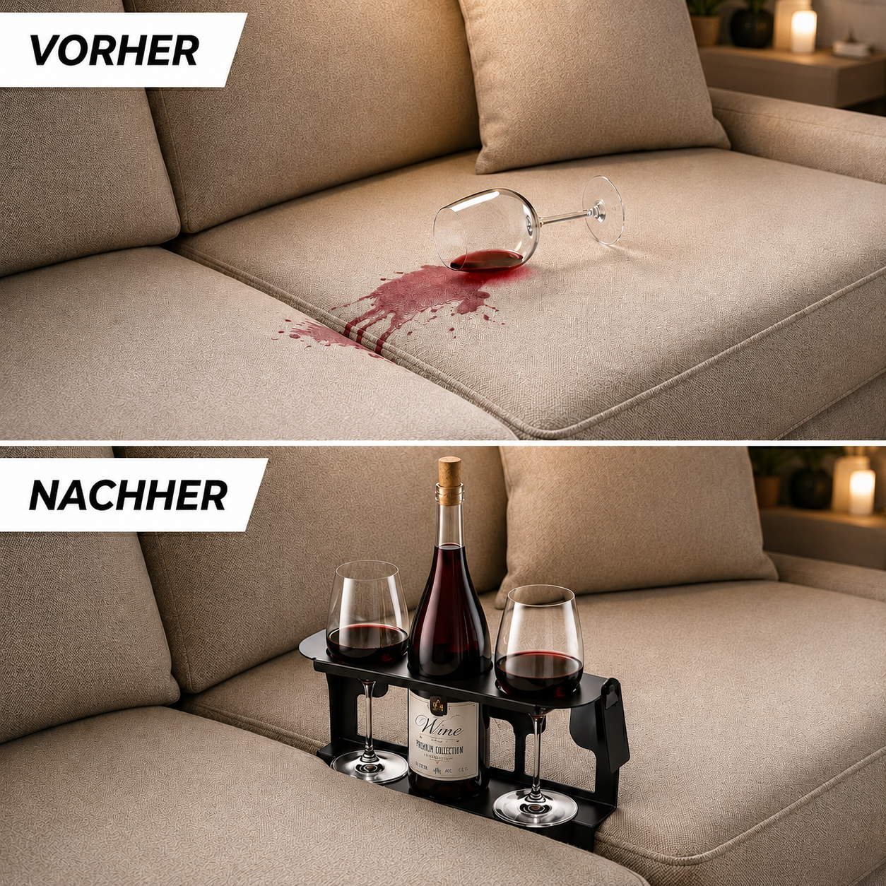 Vorher-Nachher-Vergleich eines Sofa Getränkehalters mit Weinflasche und Weingläsern als Schutz vor verschüttetem Rotwein auf dem Sofa.